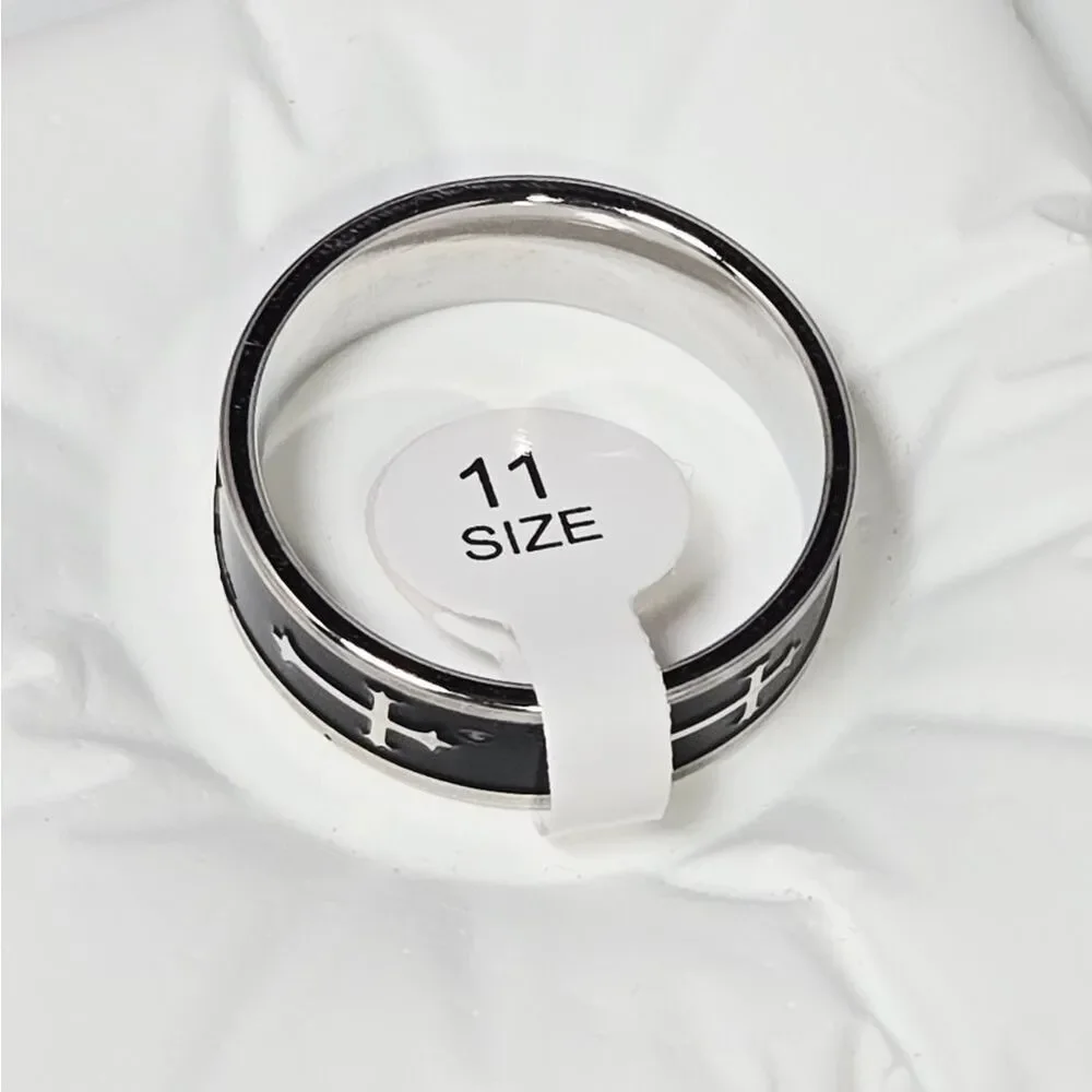 Men’s Blackened Cross Ring Stainless Steel Western Minimal 8mm Band Size 11